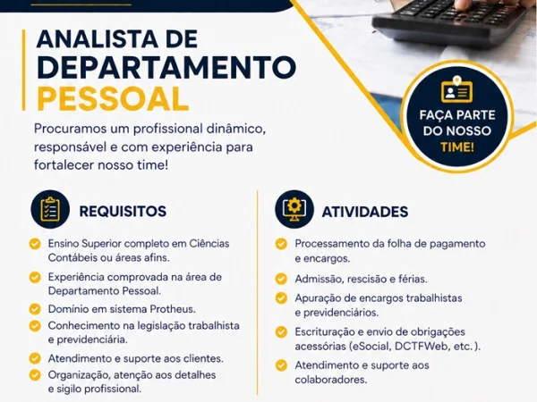 Vaga para Analista de Departamento Pessoal