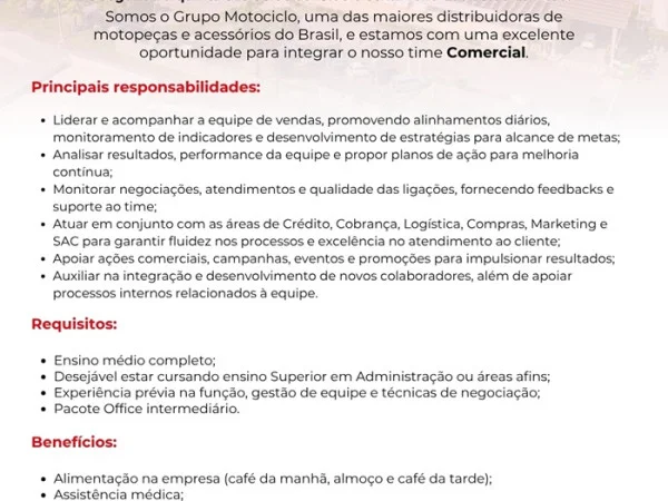 Grupo Motociclo contrata Líder de Vendas