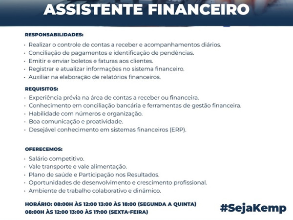 Kemp contrata Assistente Financeiro