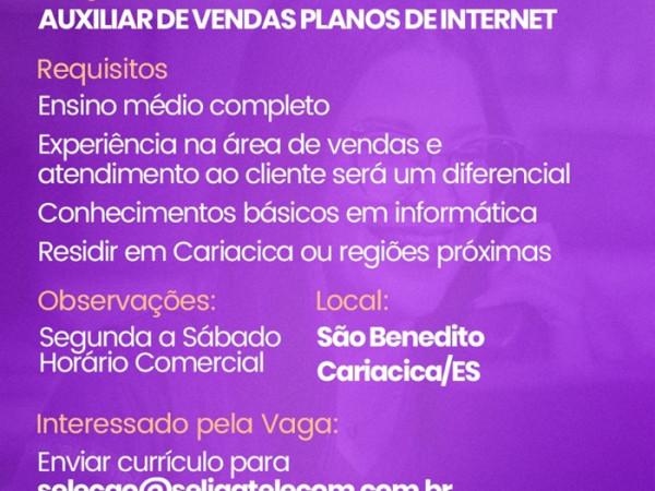 AUXILIAR DE VENDAS PLANOS DE INTERNET