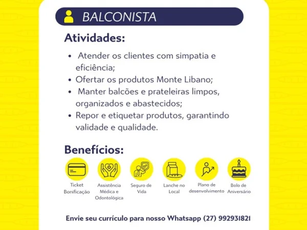 Padaria Monte Libano abre vagas para Balconista