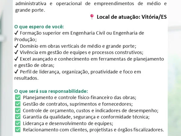 VAGA DE ENGENHEIRO GESTOR DE OBRAS