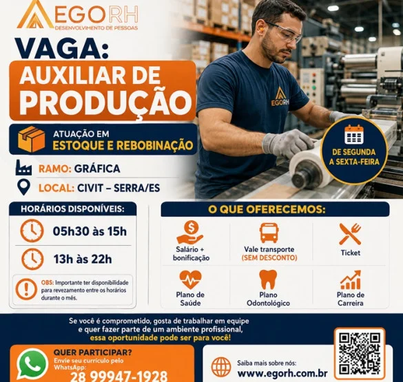 VAGA PARA AUXILIAR DE PRODUÇÃO 