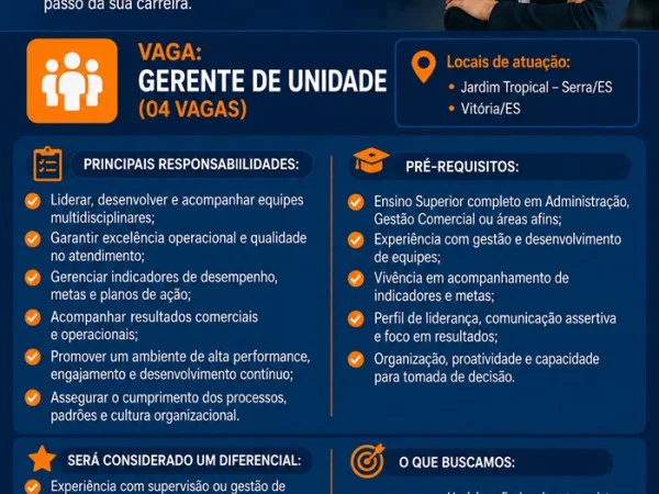 VAGAS PARA GERENTE DE UNIDADE (04 VAGAS)